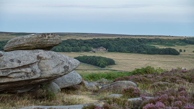 A view from a gritstone ridge, over heather moorland towards a grand building in the distance.